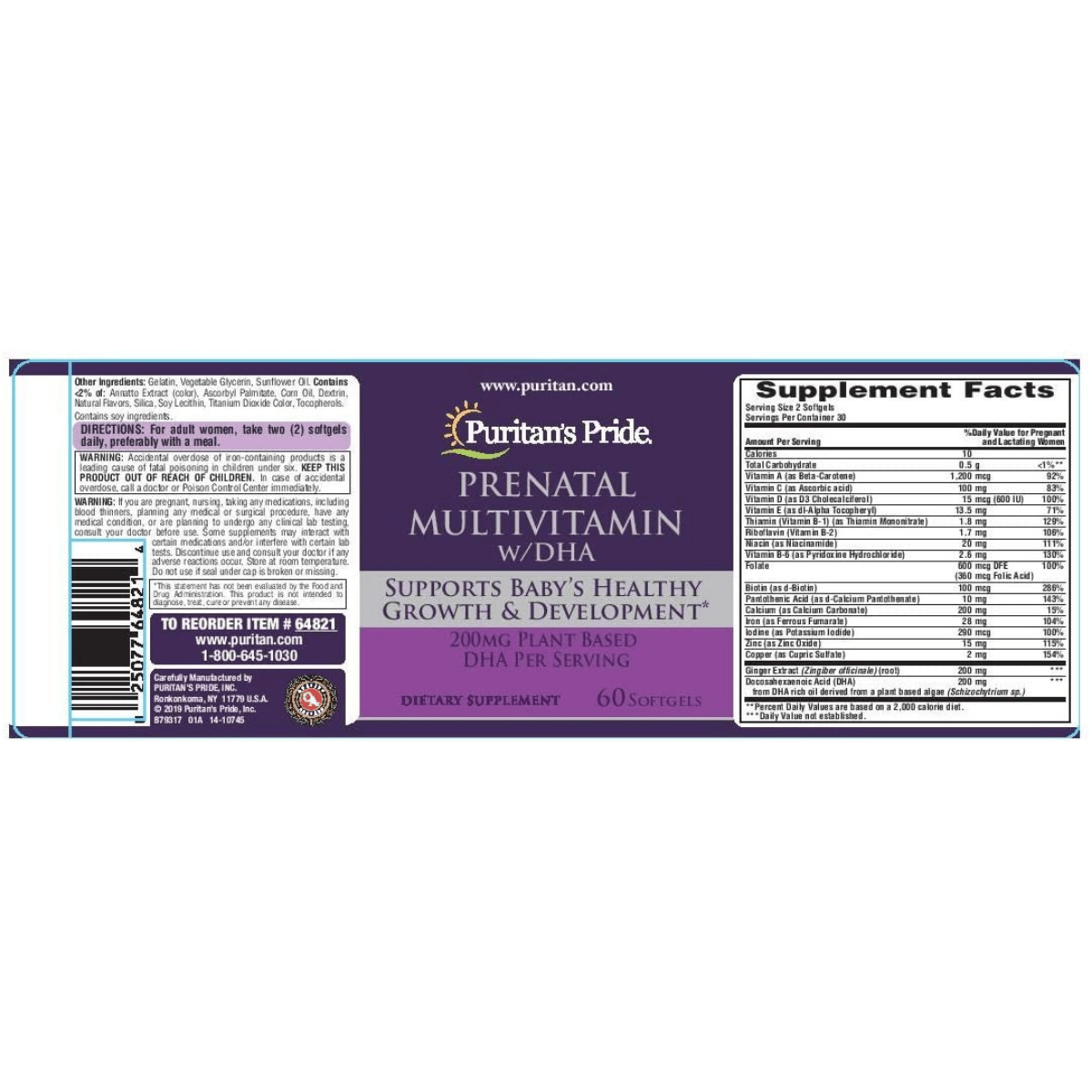 Puritans Pride Multivitamínico Prenatal Con DHA - 60 Cápsulas Blandas - Haz Tu Pedido