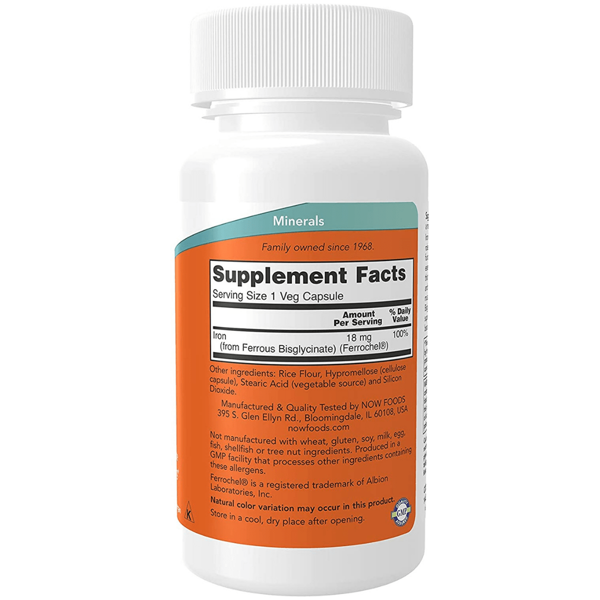 NOW Foods Hierro 18 mg - 120 Cápsulas Veganas - Tabla Nutricional - Haz Tu Pedido