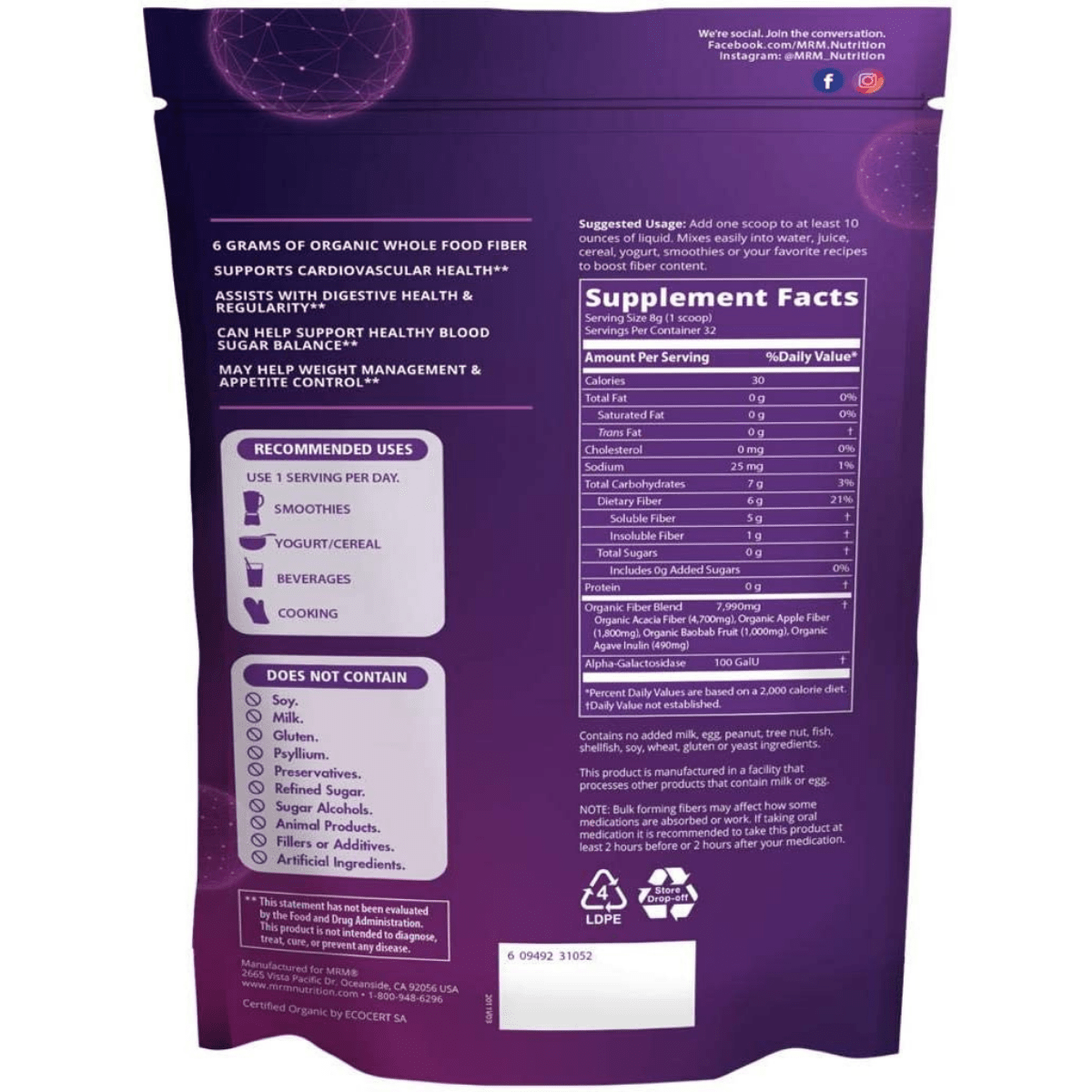 MRM Fibra Orgánica Con Enzimas & Prebióticos - 256 g - Haz Tu Pedido