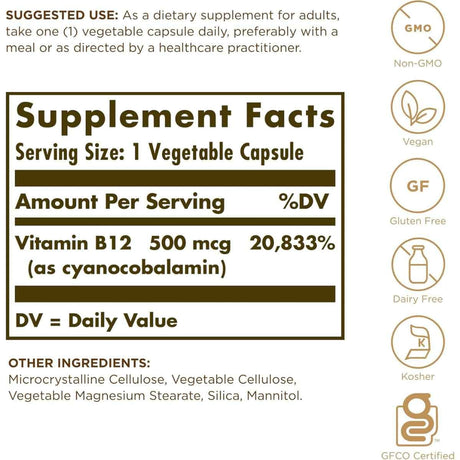 Solgar - Vitamina B12 Cianocobalamina (500 mcg - 100 Cápsulas Vegetales)
