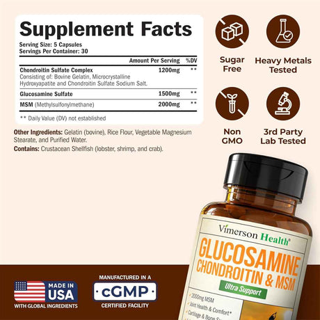 Vimerson Health - Glucosamina 1500 mg, Complejo de Condroitina 1200 mg y MSM 2000 mg (150 Cápsulas)