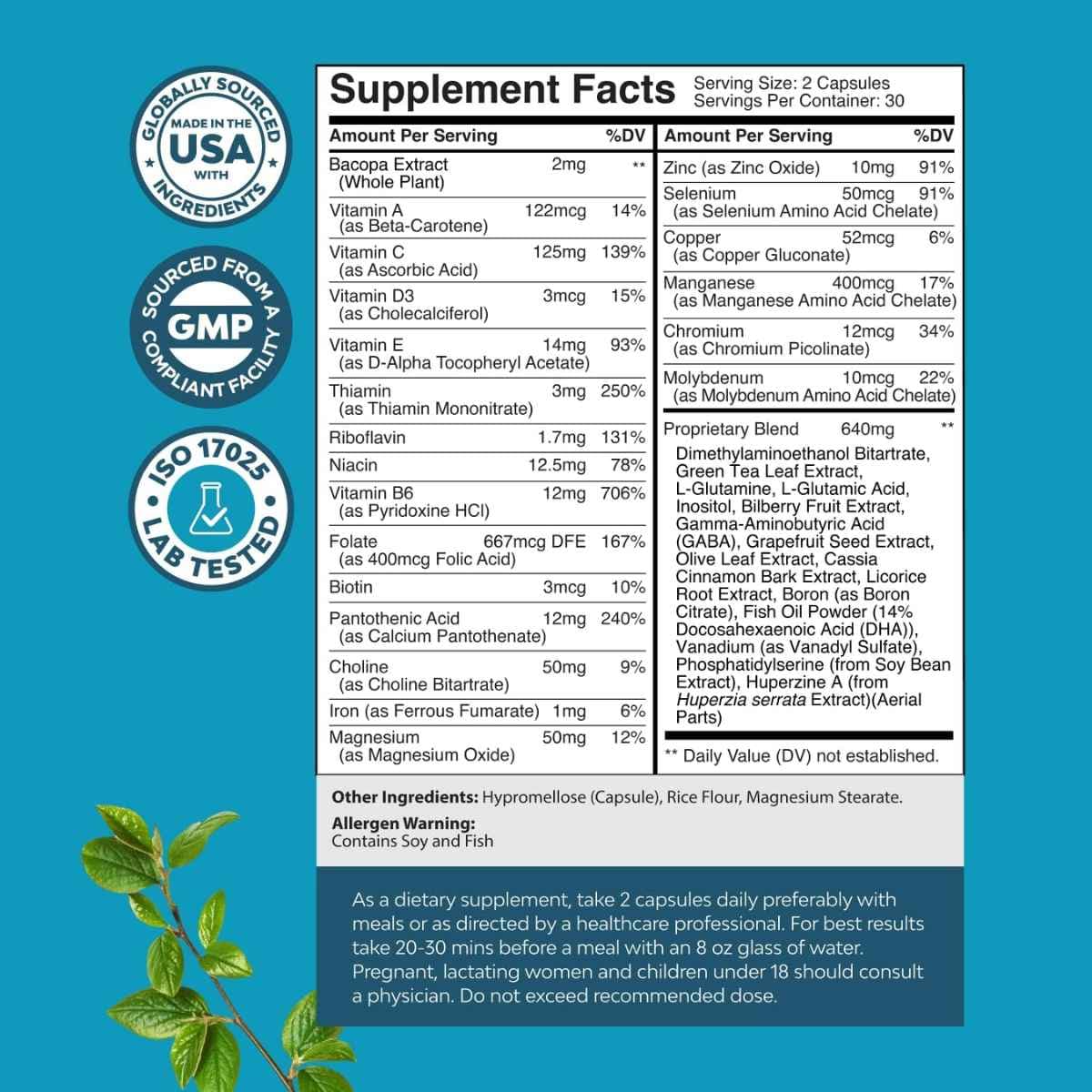Nature's Craft - Neuro Salud con Bacopa Monnieri (640 mg Fórmula Nootrópica - 60 Cápsulas)