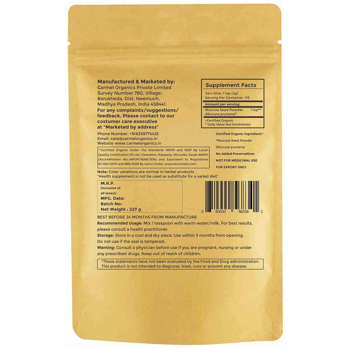 Carmel Organics Mucuna Pruriens - 227 g - Haz Tu Pedido