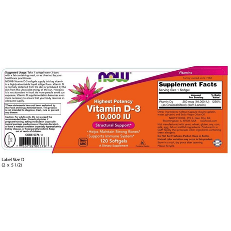 NOW Foods High Potency Vitamin D-3 10,000 UI - 120 Cápsulas Blandas - Haz Tu Pedido