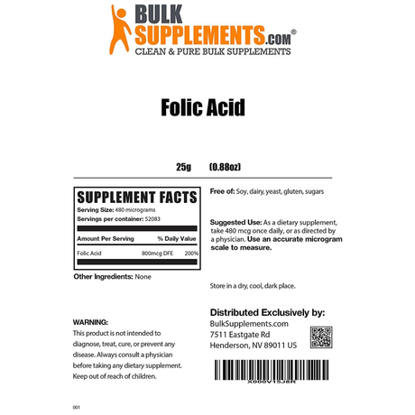 BulkSupplements Folic Acid Vitamin B9 - 800 mcg - Haz Tu Pedido