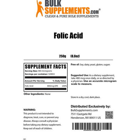 BulkSupplements Folic Acid Vitamin B9 - 800 mcg - Haz Tu Pedido