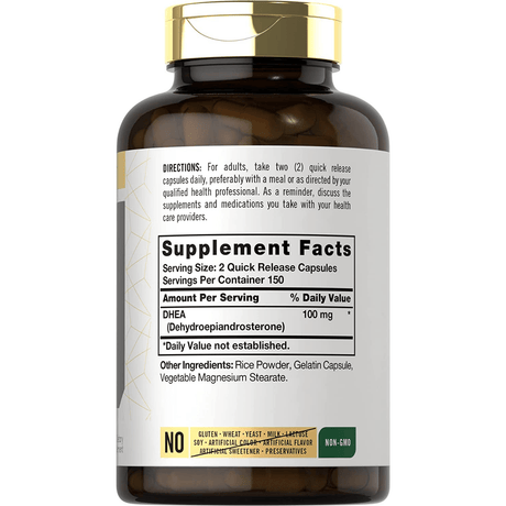 Carlyle DHEA  100 mg - 300 Cápsulas de Liberación Rápida - Tabla Nutricional - Haz Tu Pedido