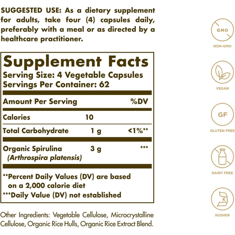 Solgar Spirulina 750 mg - 250 Vegetable Capsules - Haz Tu Pedido