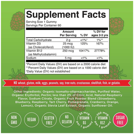 MaryRuth Organics Vitamin D3 + Vitamin B12 - Frambuesa - 60 Gomitas - Haz Tu Pedido