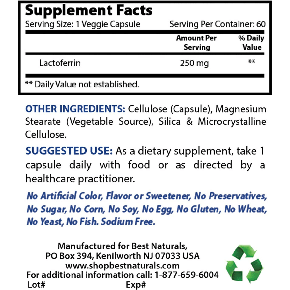 Best Naturals Lactoferrin 250 mg - 60 Cápsulas Vegetales - Haz Tu Pedido