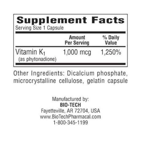 Bio-Tech Vitamina K1 - 1000 mcg - 100 Cápsulas - Haz Tu Pedido