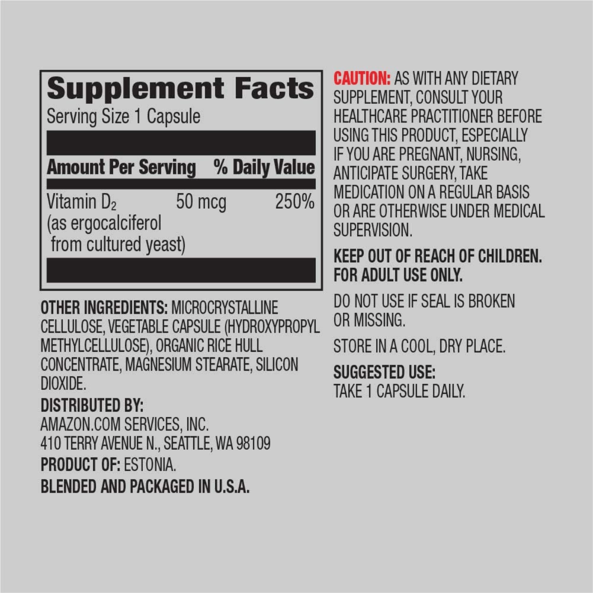 Amazon Elements Vitamin D2 - 50 mcg - 65 Cápsulas - Haz Tu Pedido