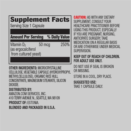 Amazon Elements Vitamin D2 - 50 mcg - 65 Cápsulas - Haz Tu Pedido