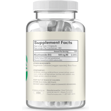 Clear Formulas Nicotinamide 500 mg - 180 Cápsulas - Haz Tu Pedido