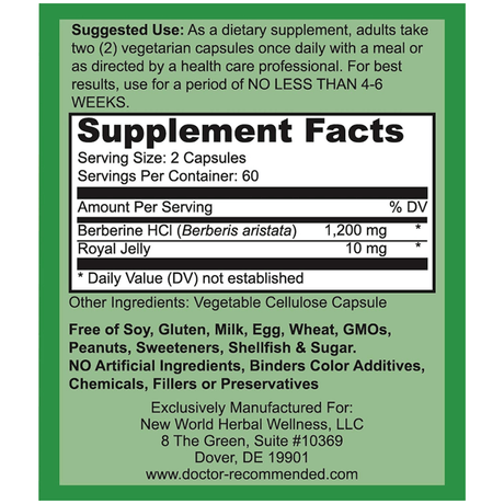 Doctor Recommended Berberine Plus 1200 mg - 120 Cápsulas Vegetales - Haz Tu Pedido