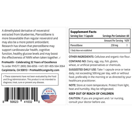 ProHealth Pterostilbene Pro 250 (250 mg) - 60 Cápsulas - Haz Tu Pedido