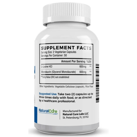 Natural Cure Labs L-Lysine + Monolaurin 600 mg - 100 Cápsulas Vegetarianas - Haz Tu Pedido