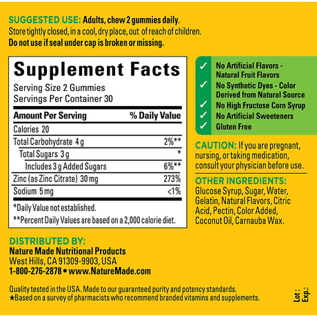 Nature Made Zinc 30 mg - Mezcla de Bayas - 60 Gomitas - Haz Tu Pedido