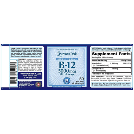 Puritans Pride Vitamin B-12 - 5000 mcg - 60 Micro Pastillas - Haz Tu Pedido
