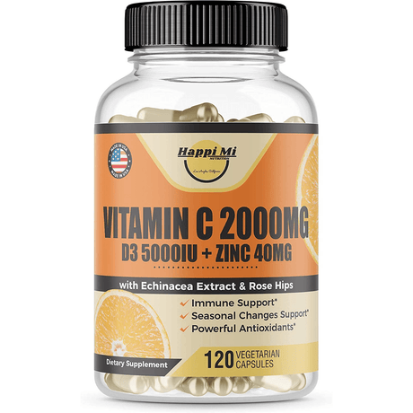 Happi Mi Nutrition Vitamin C 2000 mg With Vitamin D3 + Zinc + Echinacea Extract And Rose Hip - 120 Cápsulas Vegetarianas - Haz Tu Pedido