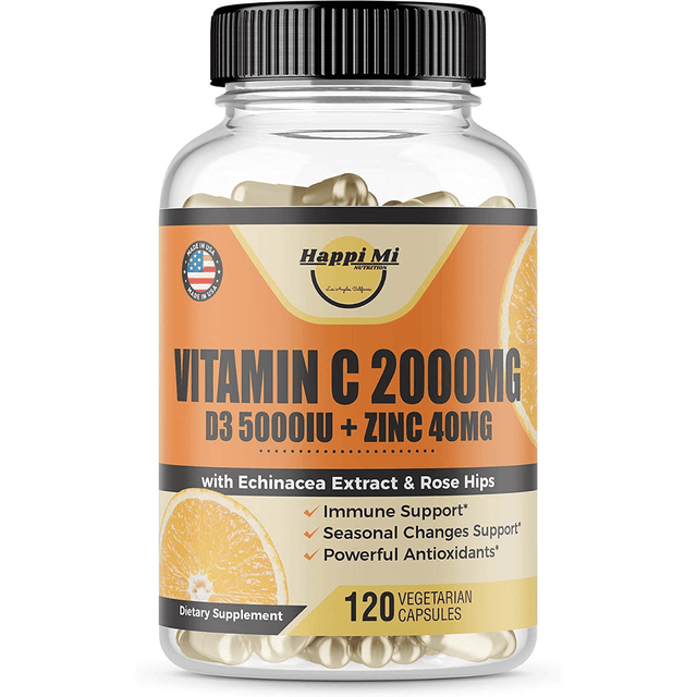 Happi Mi Nutrition Vitamin C 2000 mg With Vitamin D3 + Zinc + Echinacea Extract And Rose Hip - 120 Cápsulas Vegetarianas - Haz Tu Pedido