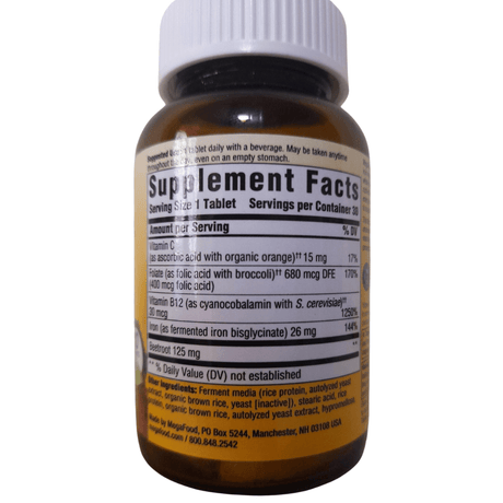 Mega Food Iron with Vitamin B12 and Folic Acid - 30 Tabletas - Haz Tu Pedido