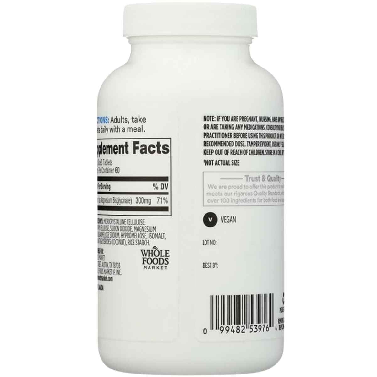 Etiqueta de 365 by Whole Foods Market bisglicinato de magnesio 300 mg, presentación de 180 tabletas