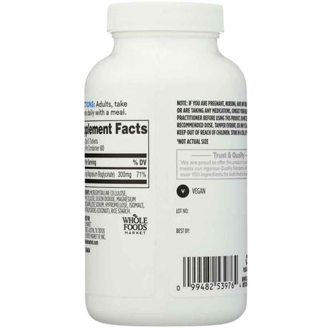 Etiqueta de 365 by Whole Foods Market bisglicinato de magnesio 300 mg, presentación de 180 tabletas