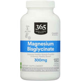 Frasco frontal de 365 by Whole Foods Market bisglicinato de magnesio 300 mg, 180 tabletas veganas