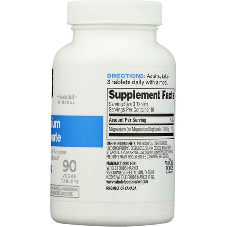 Etiqueta de 365 by Whole Foods Market bisglicinato de magnesio 300 mg, presentación de 90 tabletas
