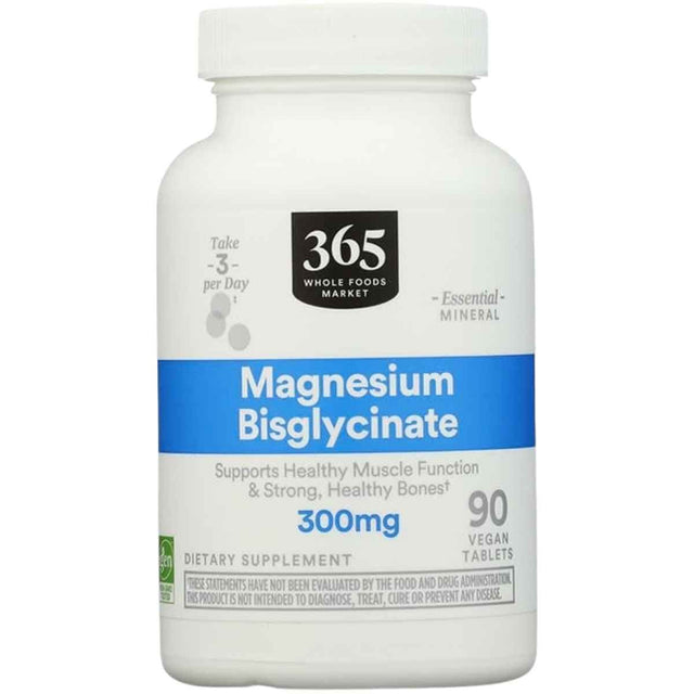 Frasco frontal de 365 by Whole Foods Market bisglicinato de magnesio 300 mg, 90 tabletas veganas