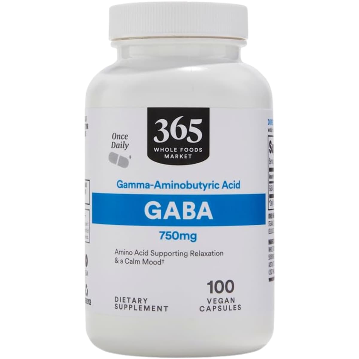 Frasco de suplemento 365 by Whole Foods Market GABA 750 mg 100 cápsulas veganas