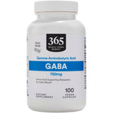 Frasco de suplemento 365 by Whole Foods Market GABA 750 mg 100 cápsulas veganas