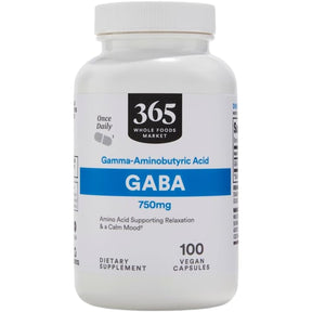 Frasco de suplemento 365 by Whole Foods Market GABA 750 mg 100 cápsulas veganas