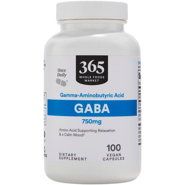 Frasco de suplemento 365 by Whole Foods Market GABA 750 mg 100 cápsulas veganas
