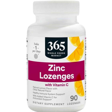 Frasco de suplemento 365 Whole Foods Market Citrato de Zinc con Vitamina C Limón 90 tabletas
