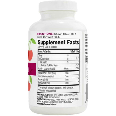 Tabla nutricional del suplemento 365 Whole Foods Market Vitamina C + Acerola 90 tabletas