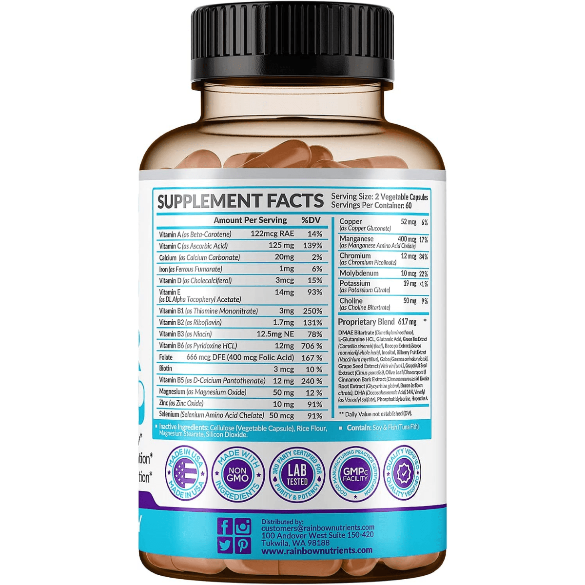 Rainbow Nutrients Nootrópico Avanzado 4 en 1 - 120 Cápsulas - Haz Tu Pedido