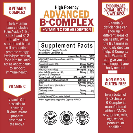 BioSchwartz Advanced B Complex With Vitamin C - 60 Cápsulas Vegetales - Haz Tu Pedido