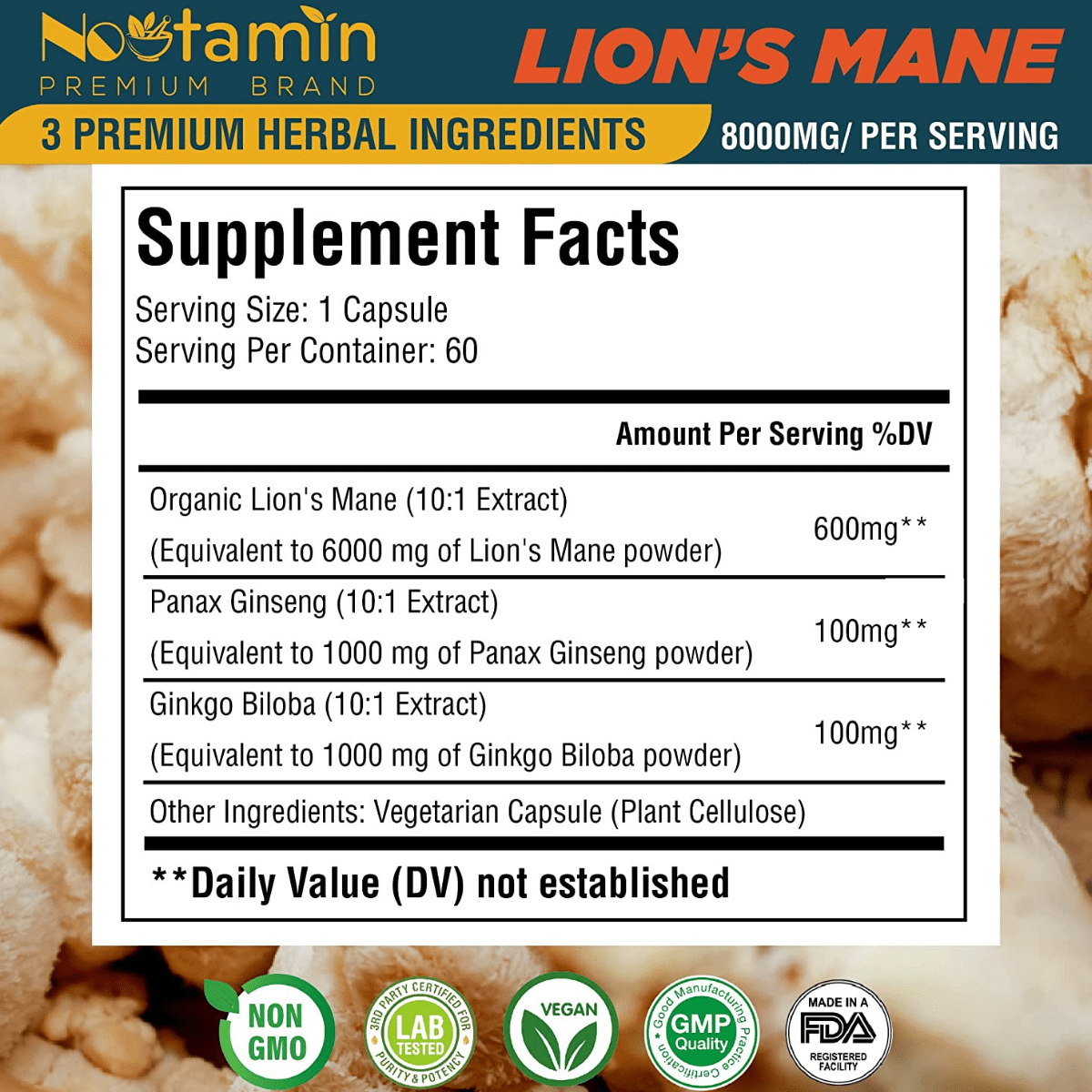 Nootamin Naturals Lions Mane Mushroom - 60 Cápsulas Veganas - Haz Tu Pedido