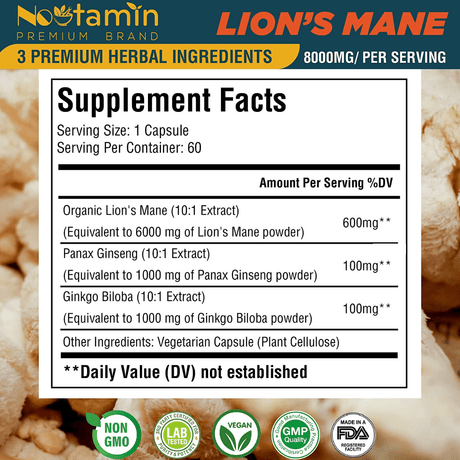 Nootamin Naturals Lions Mane Mushroom - 60 Cápsulas Veganas - Haz Tu Pedido