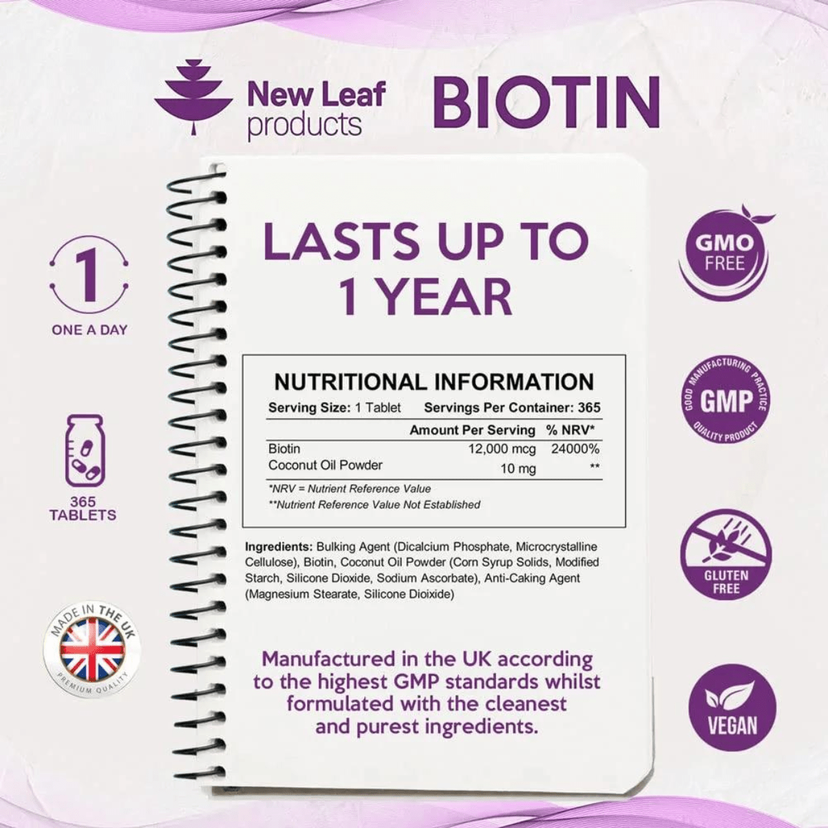New Leaf Products Biotin 12000 mcg with Coconut Oil - 365 Tabletas - Haz Tu Pedido