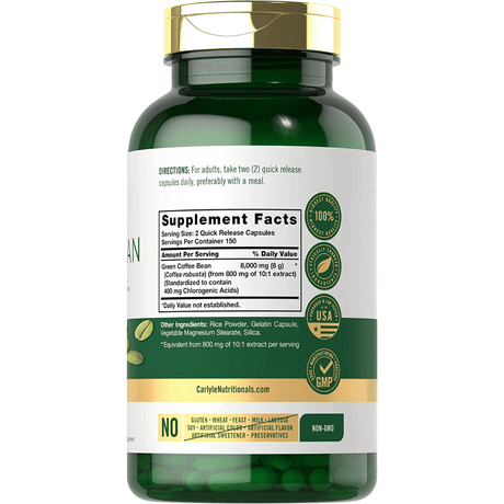 Carlyle Extracto de Grano de Café Verde 8000 mg - 300 Cápsulas de Liberación Rápida - Tabla Nutricional - Haz Tu Pedido

