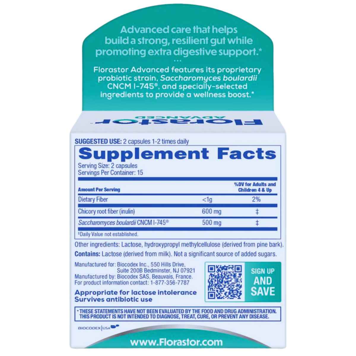 Florastor Suplemento Avanzado de Probióticos y Fibra Prebiótica - 30 Cápsulas Vegetarianas - Tabla Nutricional - Haz Tu Pedido