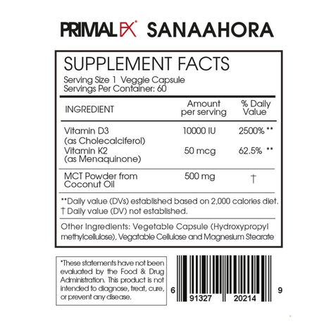 PrimalFX Vitamina D3 + MK4 10000 IU - 60 Cápsulas - Haz Tu Pedido
