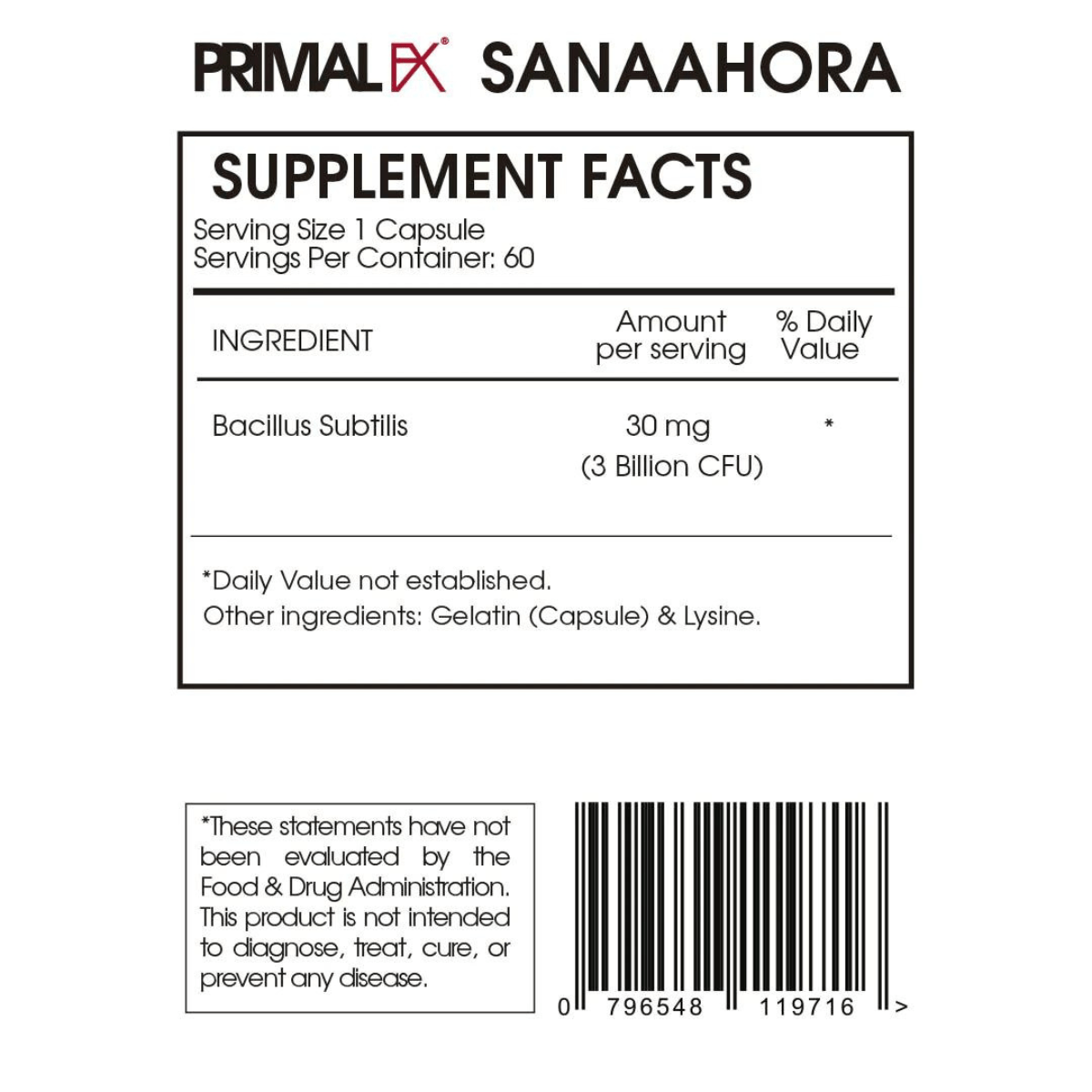 PrimalFX Probiótico Bacilo + Subtilis 3 Billion - 60 Cápsulas - Haz Tu Pedido