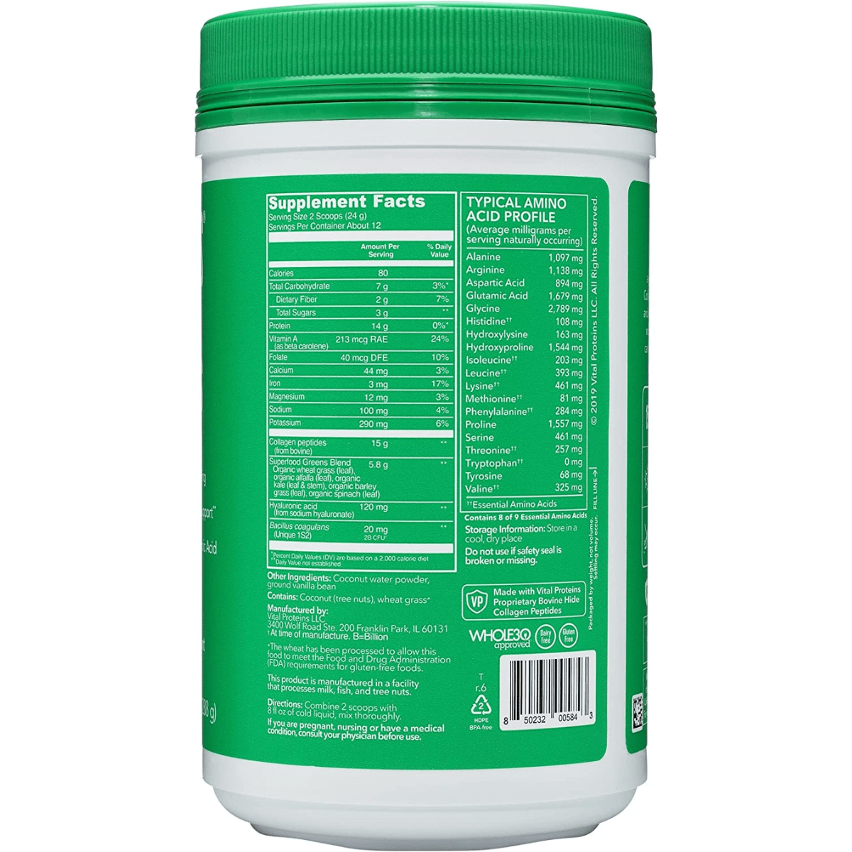 Vital Proteins Colágeno Verde - Vainilla Coco - 288 g - Haz Tu Pedido