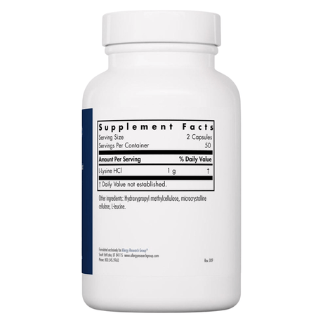 Allergy Research Group L-Lisina - 500 mg - 100 Cápsulas - Haz Tu Pedido