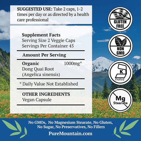 Pure Mountain Botanicals Dong Quai Orgánico - 1000 mg - 90 Cápsulas - Haz Tu Pedido