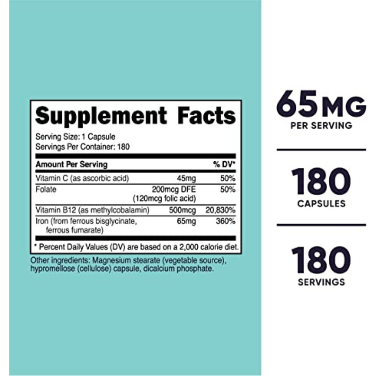 Nutricost Hierro con Vitamina B12 para la Mujer 65 mg - 180 Cápsulas - Haz Tu Pedido